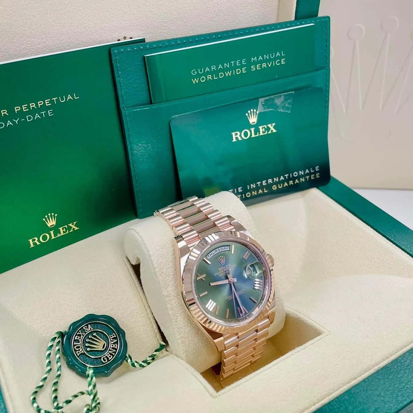 2023 Rolex Day-Date 40 Rose Gold / Fluted / Olive-Green / Roman / President 228235-0025 Listing Image 2