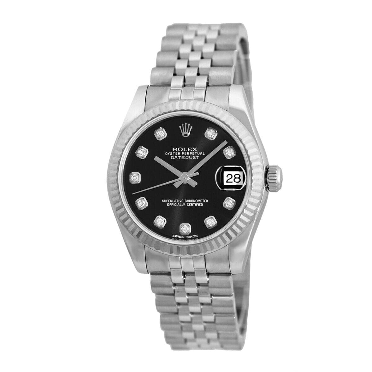 Rolex Datejust 31 Steel / Fluted / Black / Diamond-Set