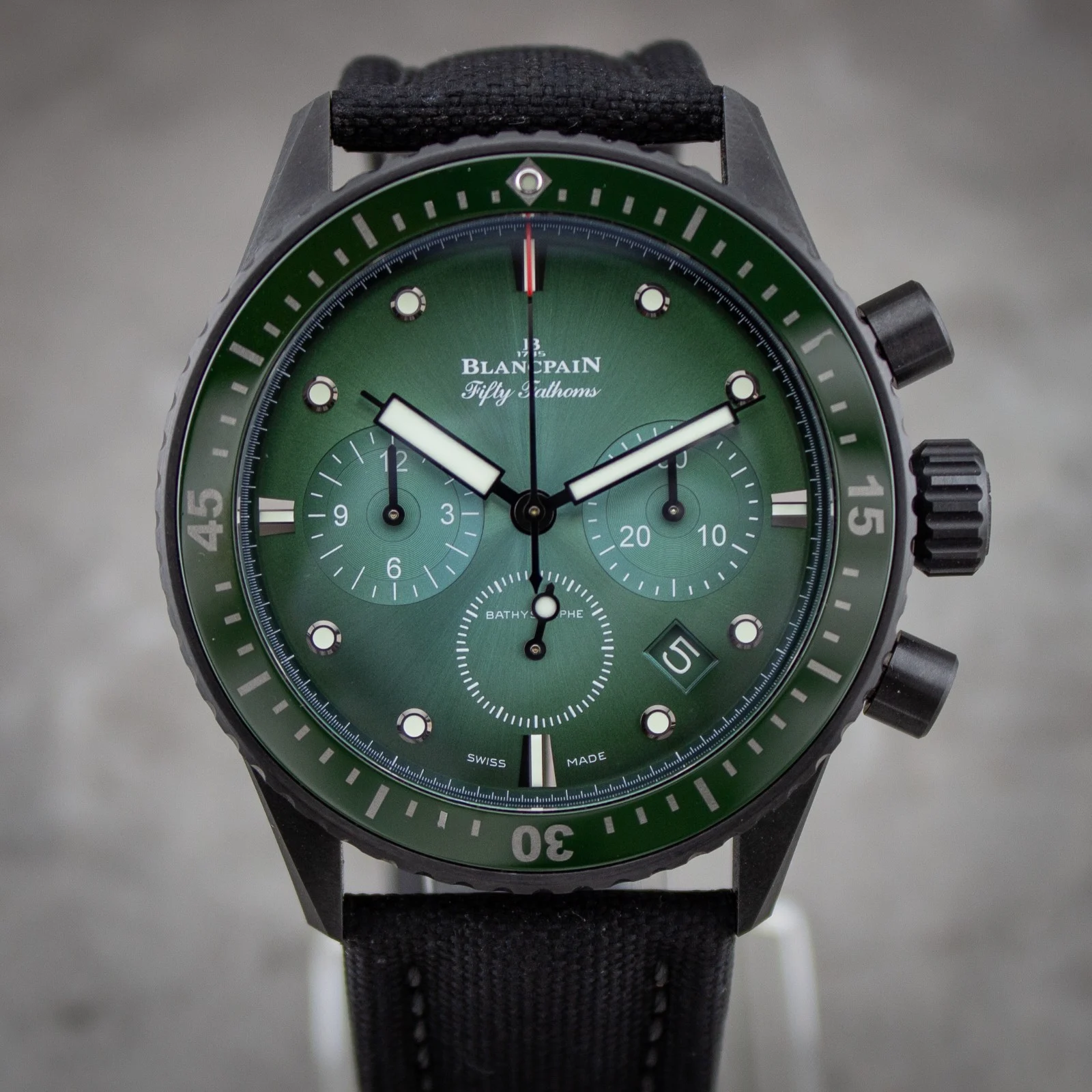 2022 Blancpain Fifty Fathoms Bathyscaphe Flyback Chronograph Black Ceramic / Green / Canvas 5200-0153-B52A