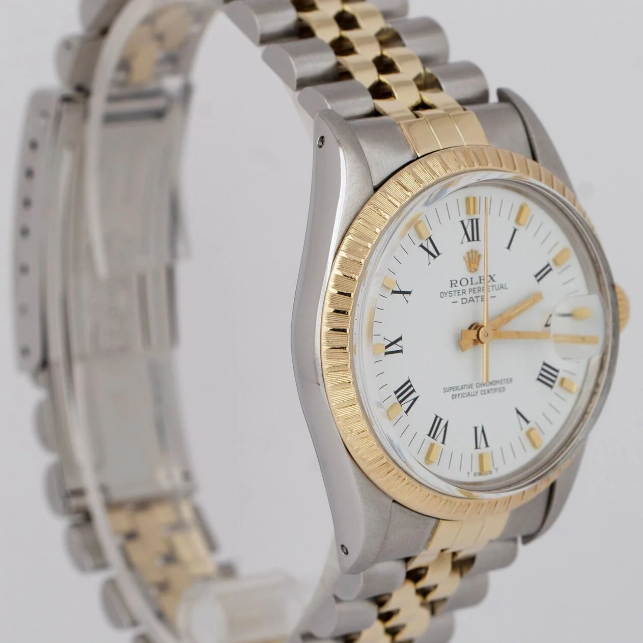 Rolex Date 34 Two-Tone / Engine-Turned / White / Roman / Jubilee 15053  Listing Image 3
