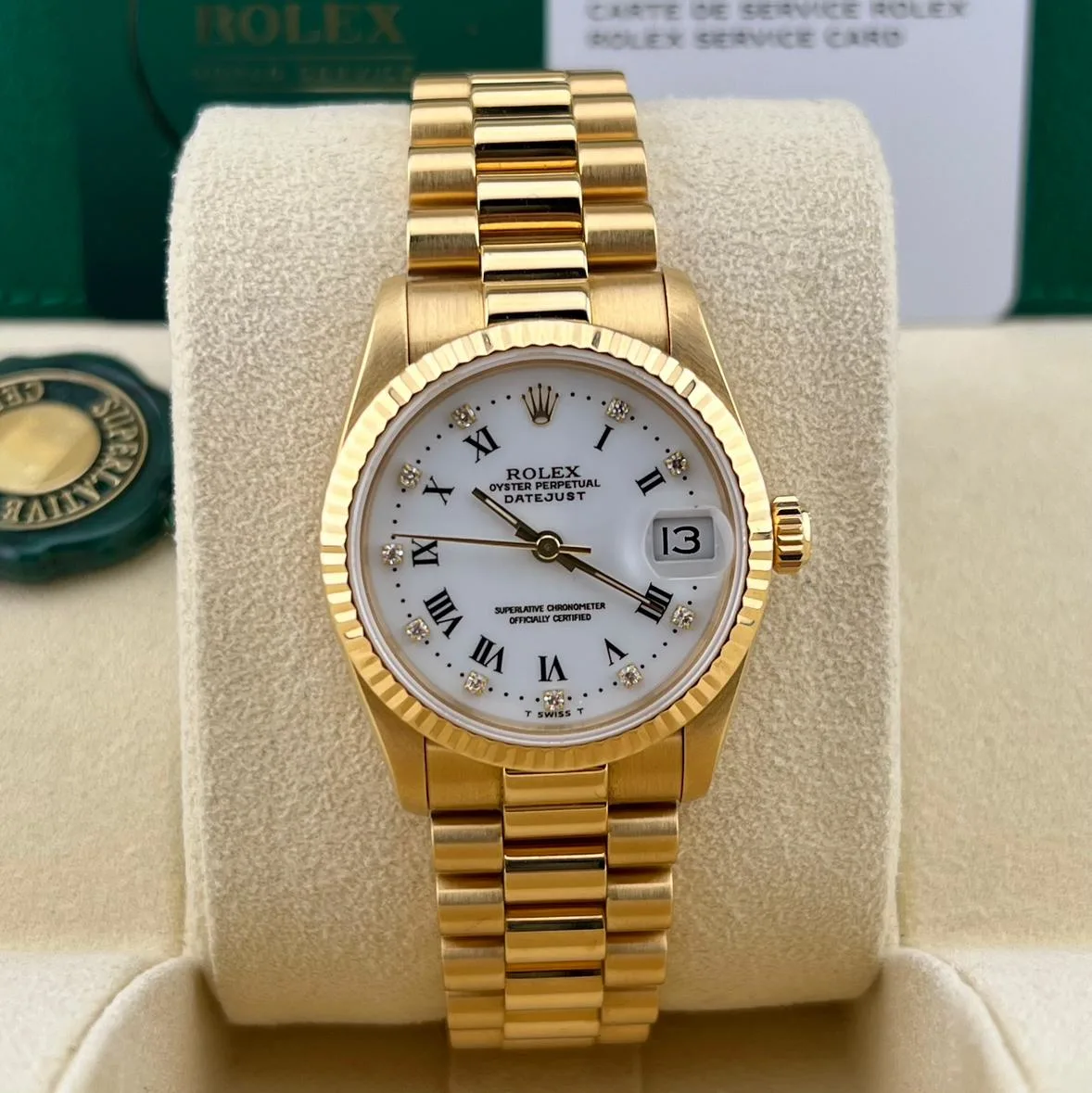 1990 Rolex Datejust 31 Yellow Gold / Fluted / White / Roman Diamond-Set / President 68278 Listing Image 1