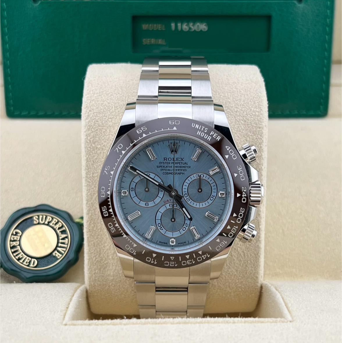 2021 Rolex Daytona Platinum Ceramic Ice-Blue Baguette
