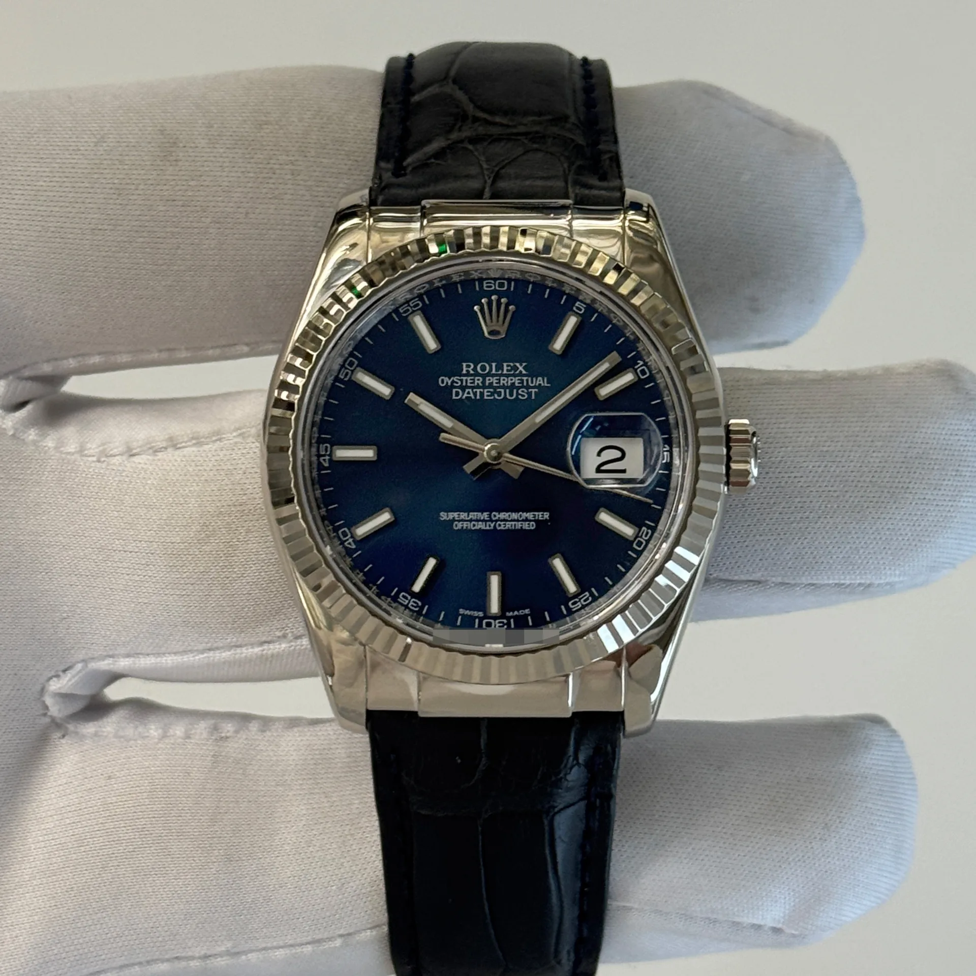2005 Rolex Datejust 36 White Gold / Fluted / Blue / Strap 116139