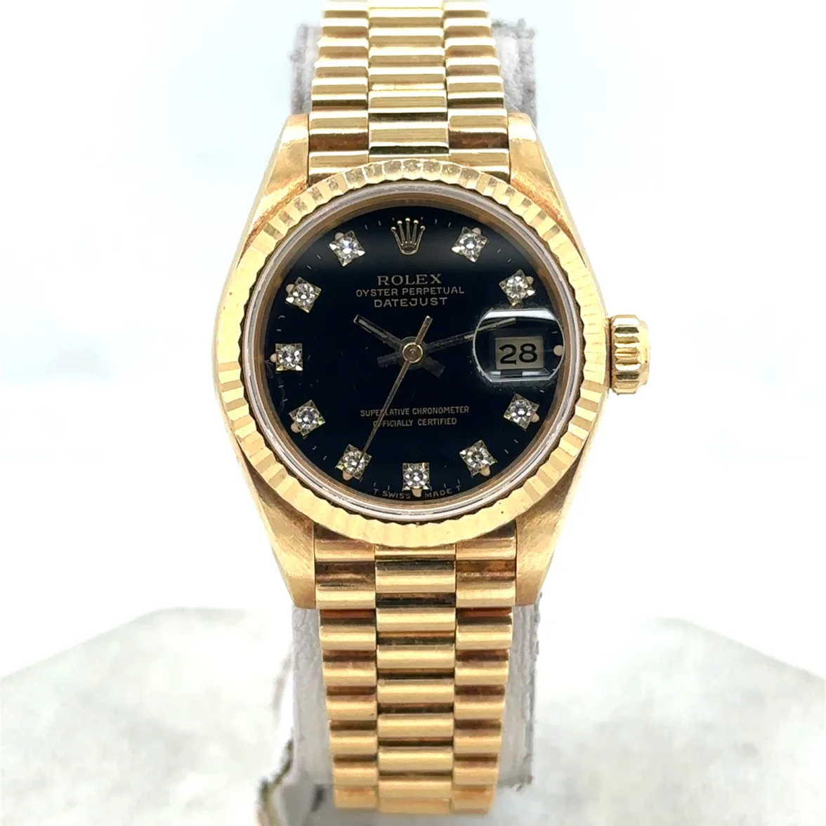 1987 Rolex Lady-Datejust 26 Yellow Gold / Fluted / Black / Diamond-Set / President 69178