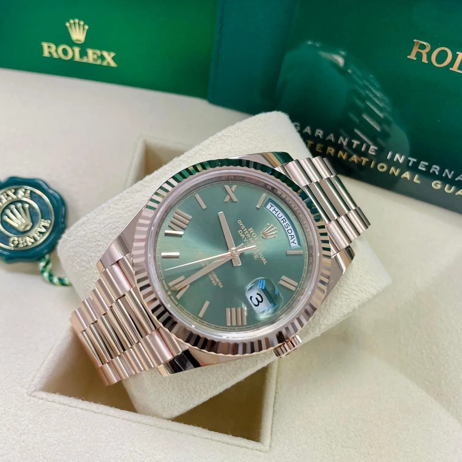 2023 Rolex Day-Date 40 Rose Gold / Fluted / Olive-Green / Roman / President 228235-0025 Listing Image 1