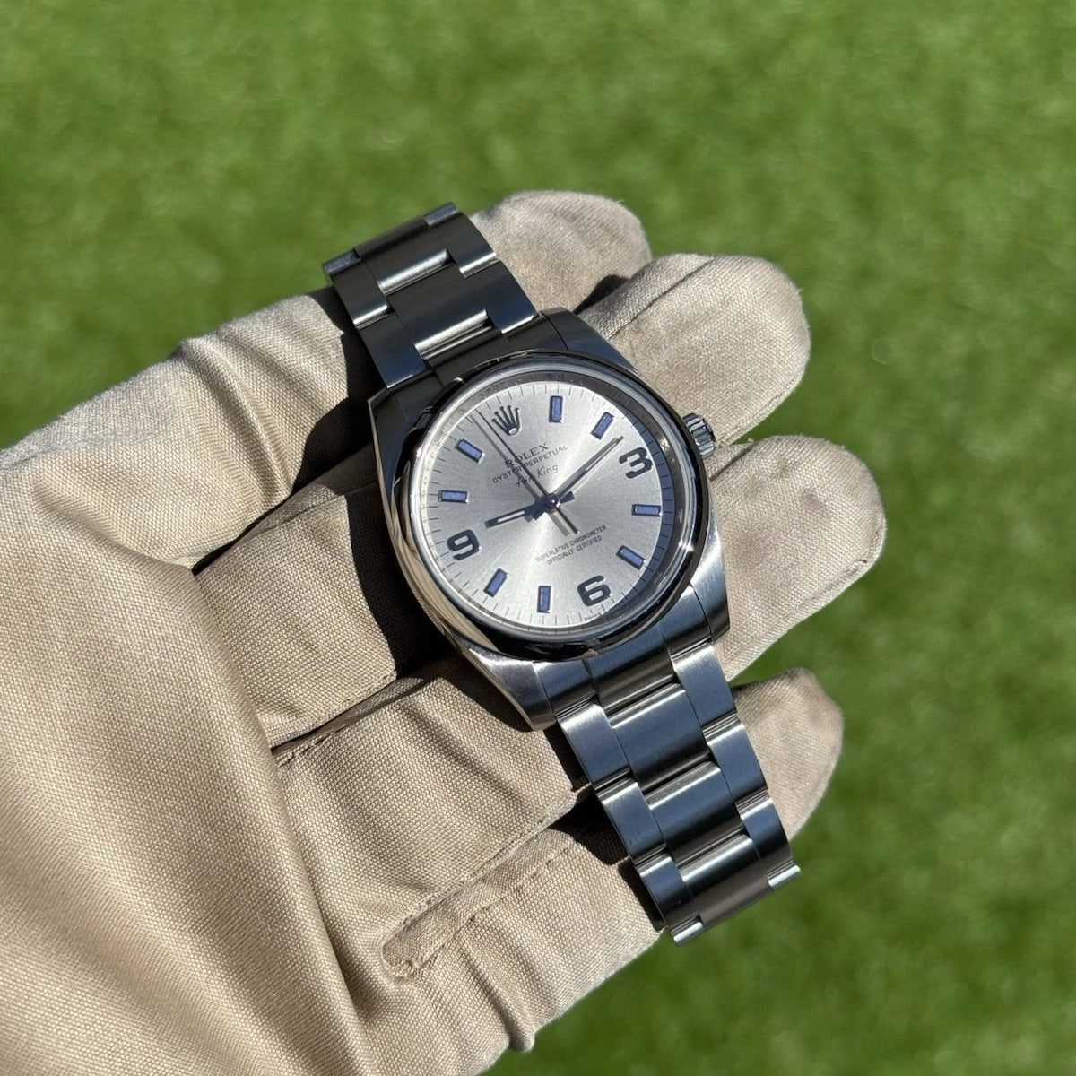 _Fot フォート square shrink crepe［blue gray］ Rolex Oyster Perpetual 34 / Silver / Arabic and Blue Markers