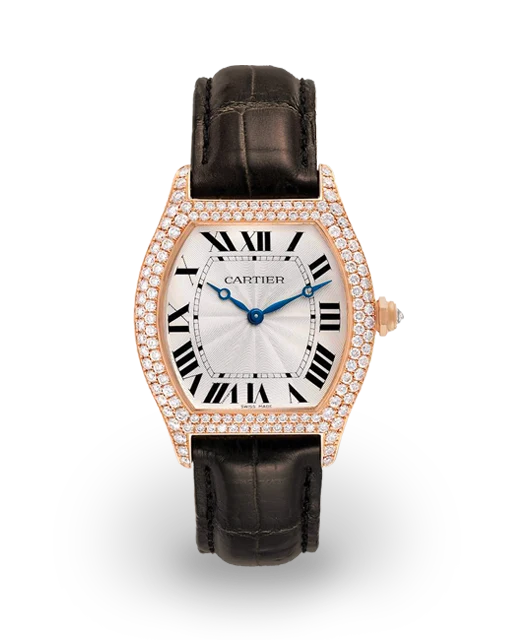 Cartier Tortue Extra Thin Rose Gold / Diamond-Set / Silvered / Roman / Strap WA503751  Model Image