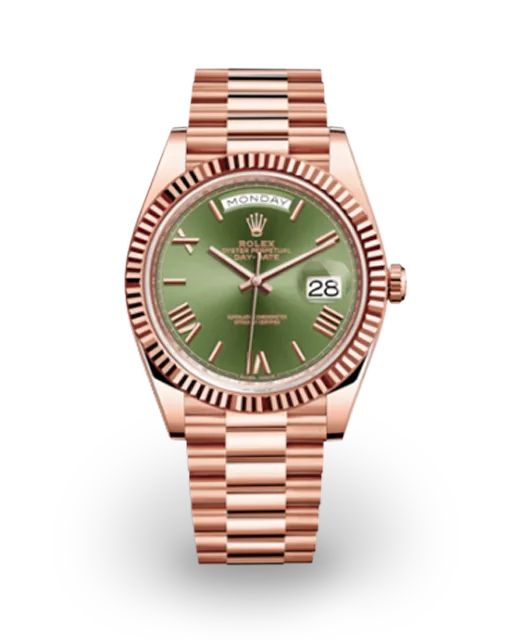 Rolex Day-Date 40 Rose Gold / Fluted / Olive-Green / Roman / President 228235-0025  Model Image