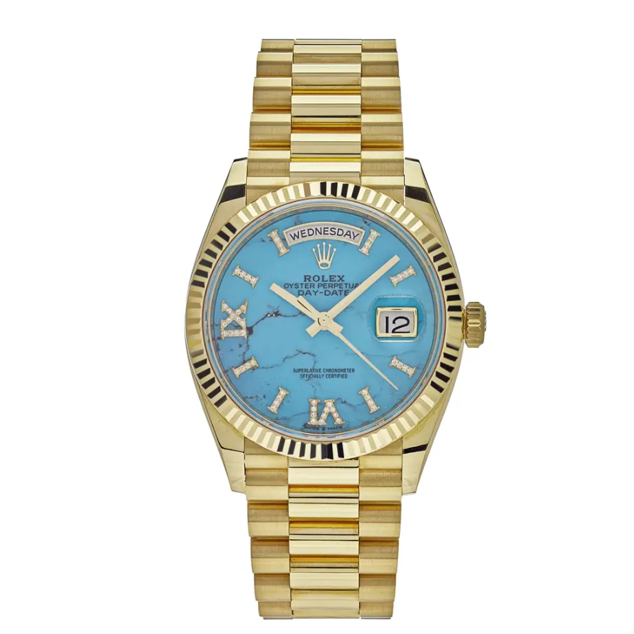 2021 Rolex Day-Date 36 Yellow Gold / Fluted / Turquoise / Diamond-Set Roman 128238-0071 Listing Image 1