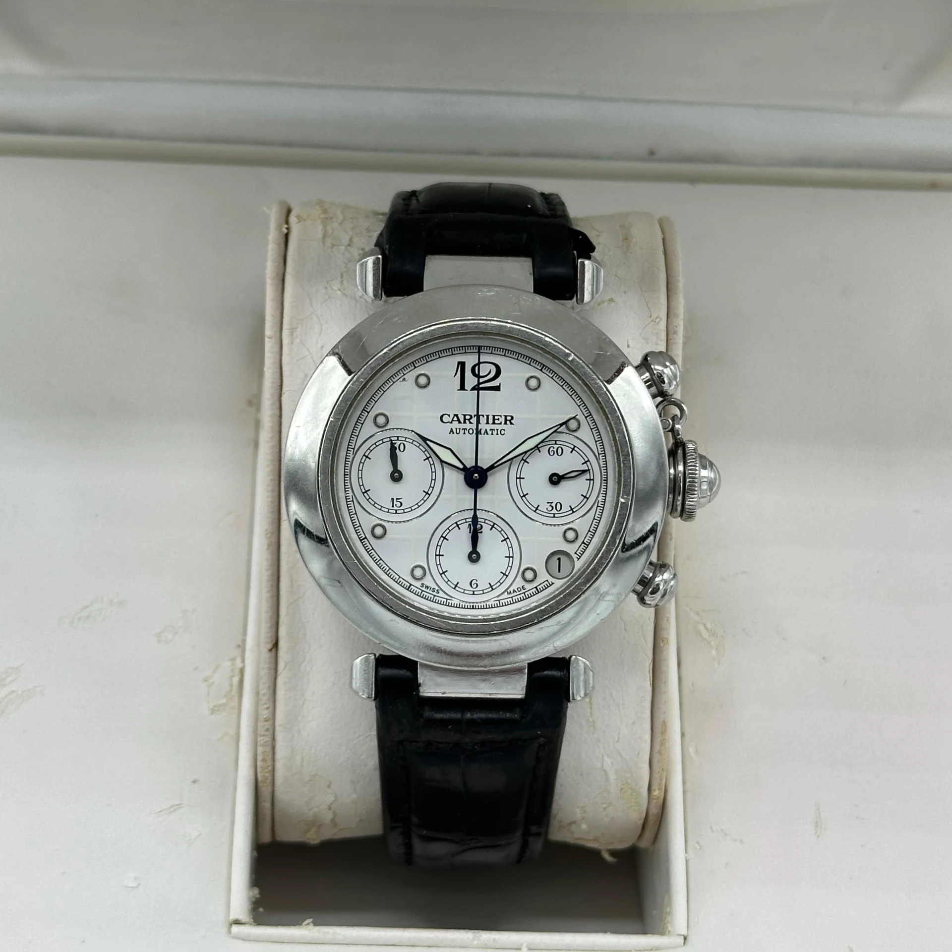 2000 Cartier Pasha de Cartier Chronograph 36 Steel / White / Arabic / Bracelet W31039M7