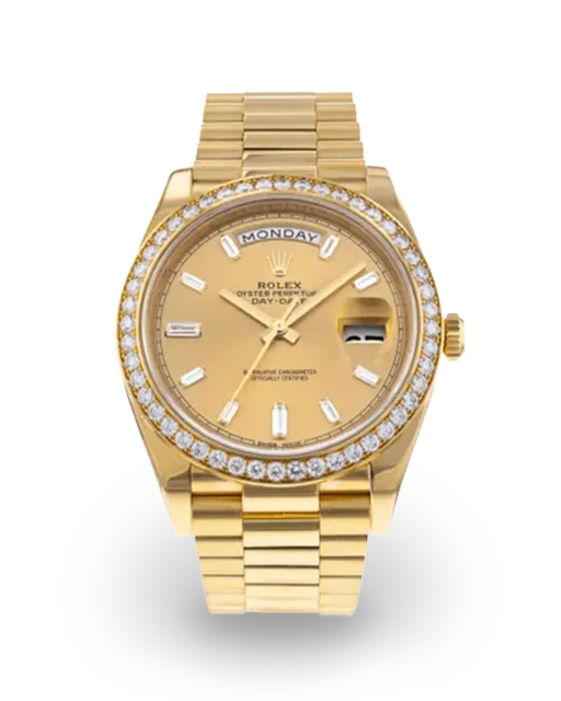 Rolex Day-Date 40 Yellow Gold / Diamond-Set / Champagne / Baguette Diamond-Set 228348RBR  Model Image