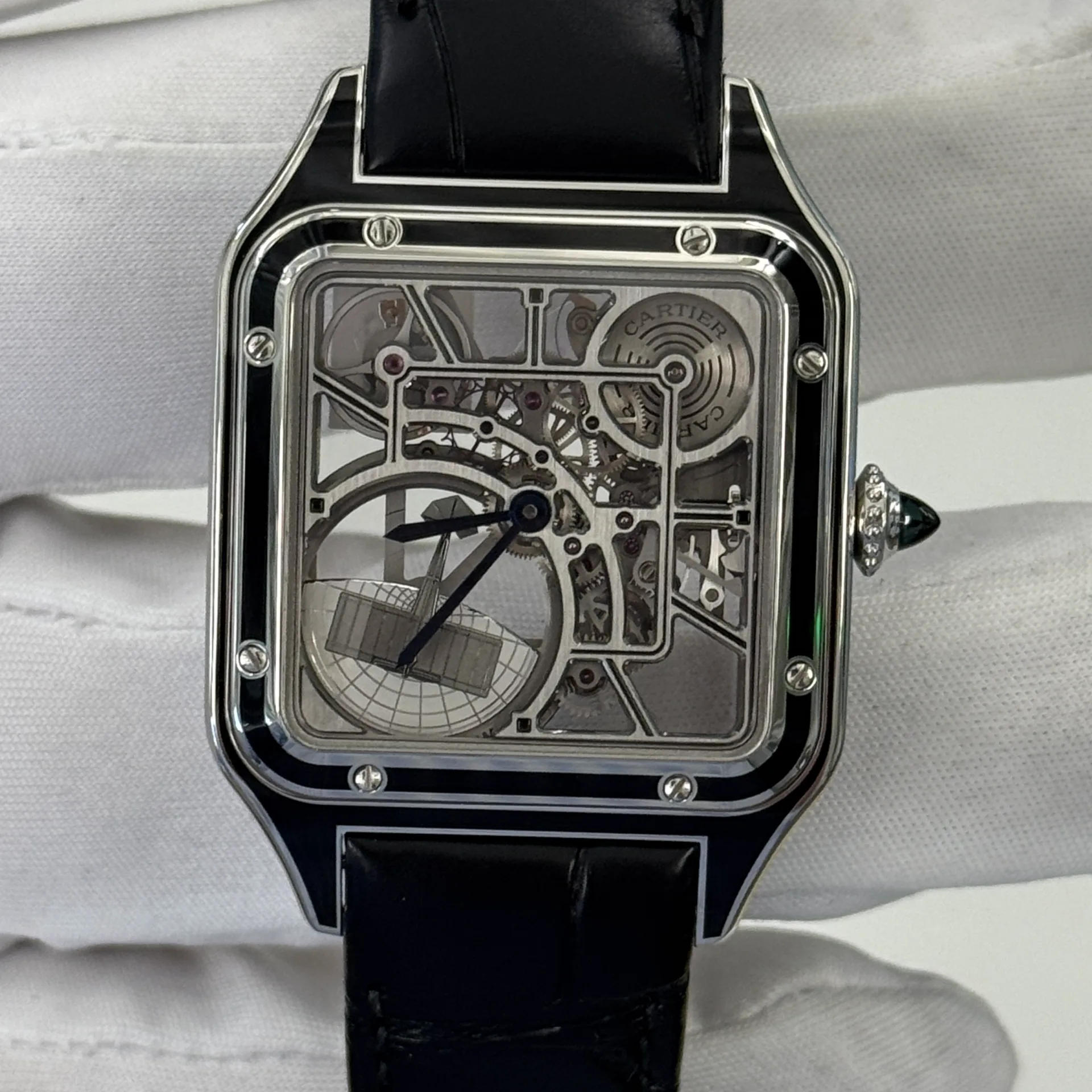 2025 Cartier Santos Dumont Large Steel with black lacquer / Skeletonized / Strap  WHSA0044