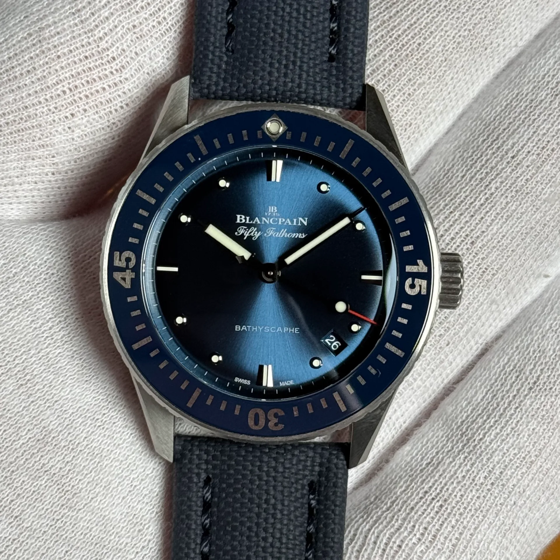 2024 Blancpain Fifty Fathoms Bathyscaphe Stainless Steel / Blue / Blue Canvas 5100-1140-O52A