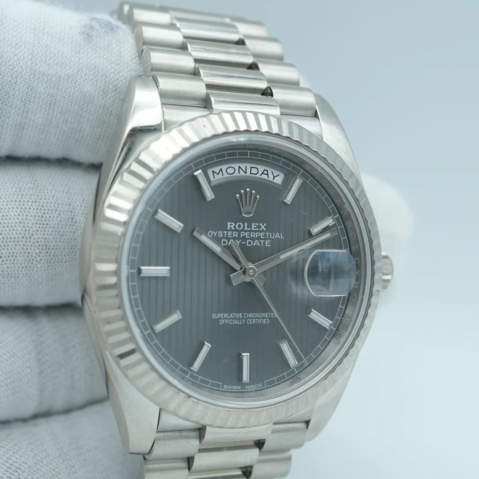 Rolex Day-Date 40 White Gold / Dark Rhodium Pinstripe 228239