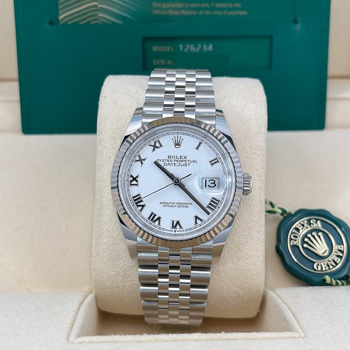 2023 Rolex Datejust 36 Fluted / White / Roman / Jubilee