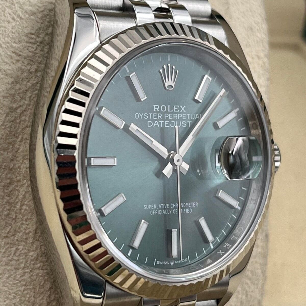 Rolex, Datejust 36, Oystersteel and 18K White Gold, 36mm, Green Mint Dial, Fluted, Jubilee, Ref#126234-0051