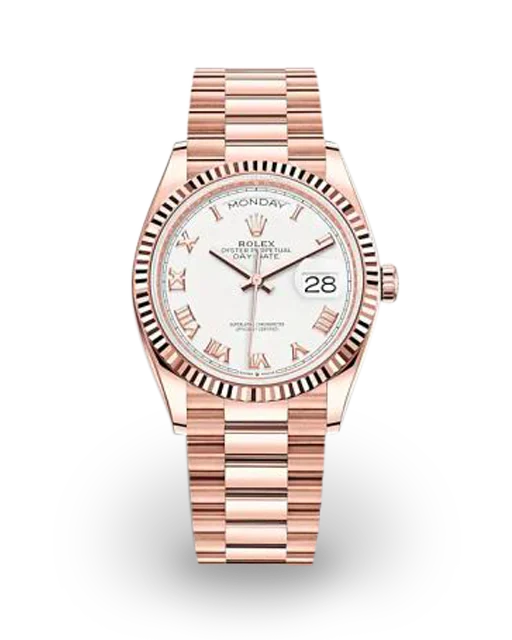 Rolex Day-Date 36 Rose Gold / Fluted / White / Roman / President 128235-0052  Model Image