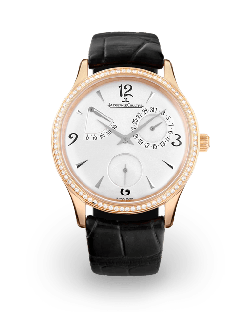 Jaeger LeCoultre Master Control Reserve 37 Rose Gold Diamond Set White Arabic Strap 140.2.93.S Watches Bezel