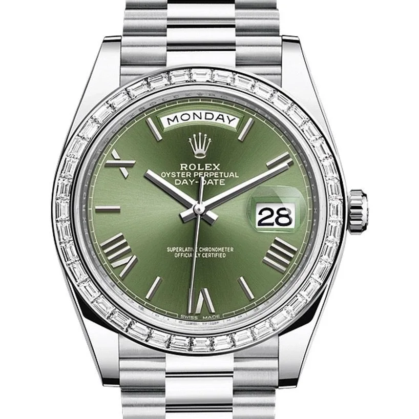 Rolex Day-Date 40 Platinum / Baguette Diamond-Set / Green / Roman 228396TBR-0020 Listing Image