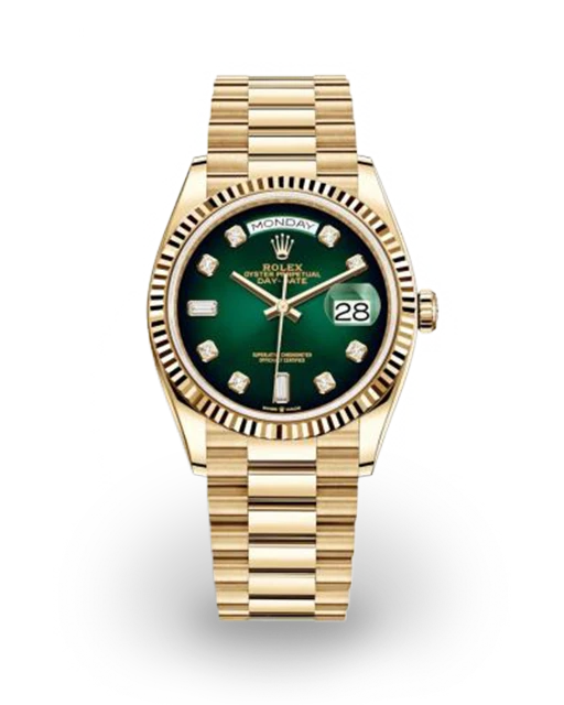 Rolex Day-Date 36 Yellow Gold / Fluted / Green Ombre / Diamond-Set 128238-0069  Model Image