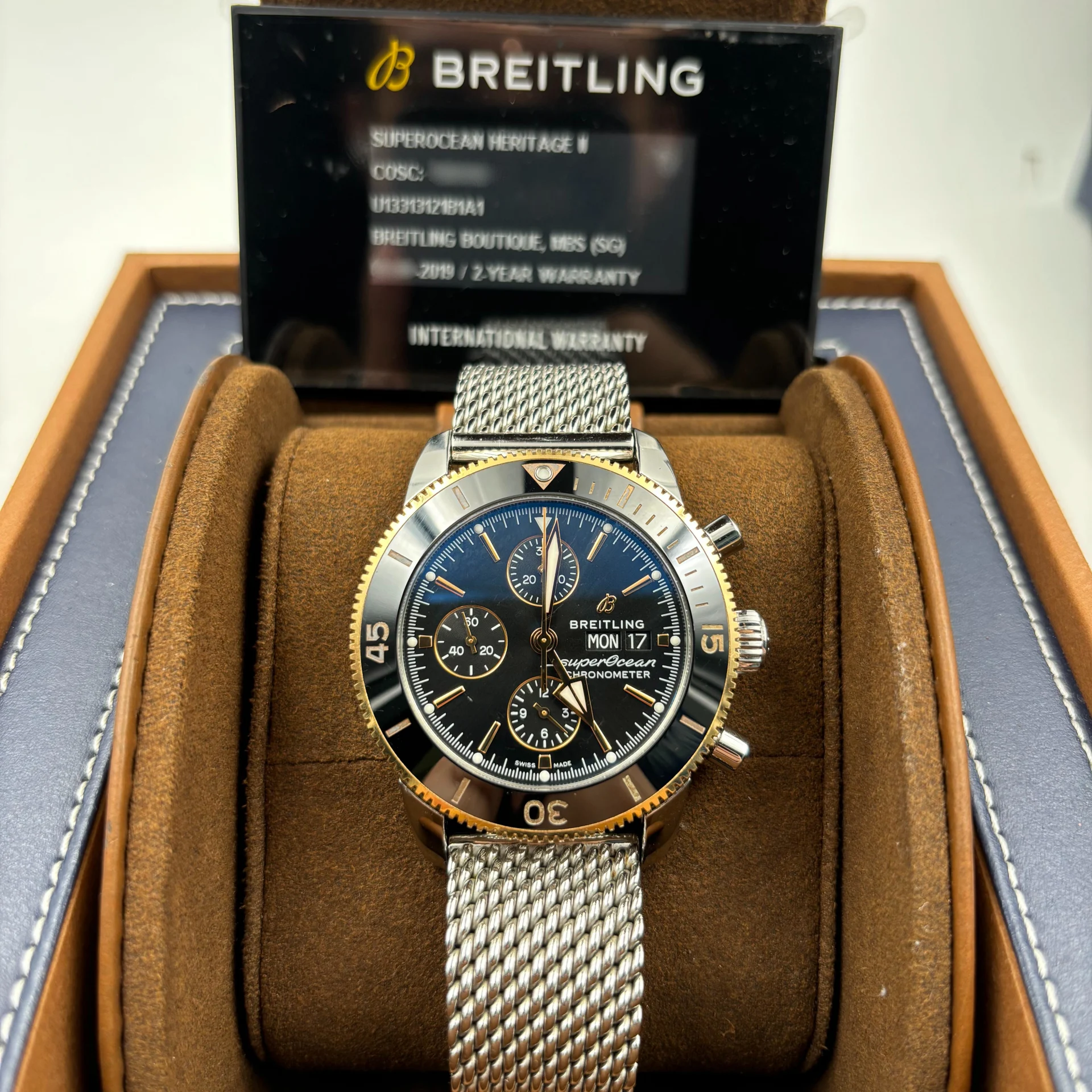 2019 Breitling Superocean Heritage Chronograph 44 Steel Rose Gold Black Milanese U13313121B1A1