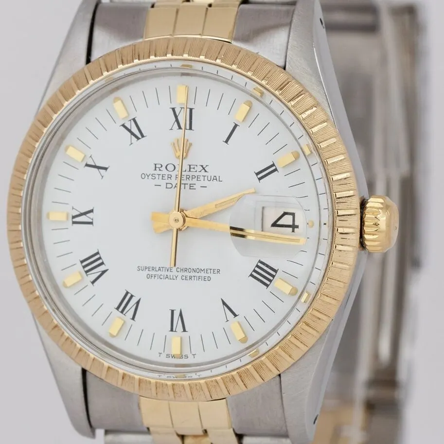 Rolex Date 34 Two-Tone / Engine-Turned / White / Roman / Jubilee 15053  Listing Image 2