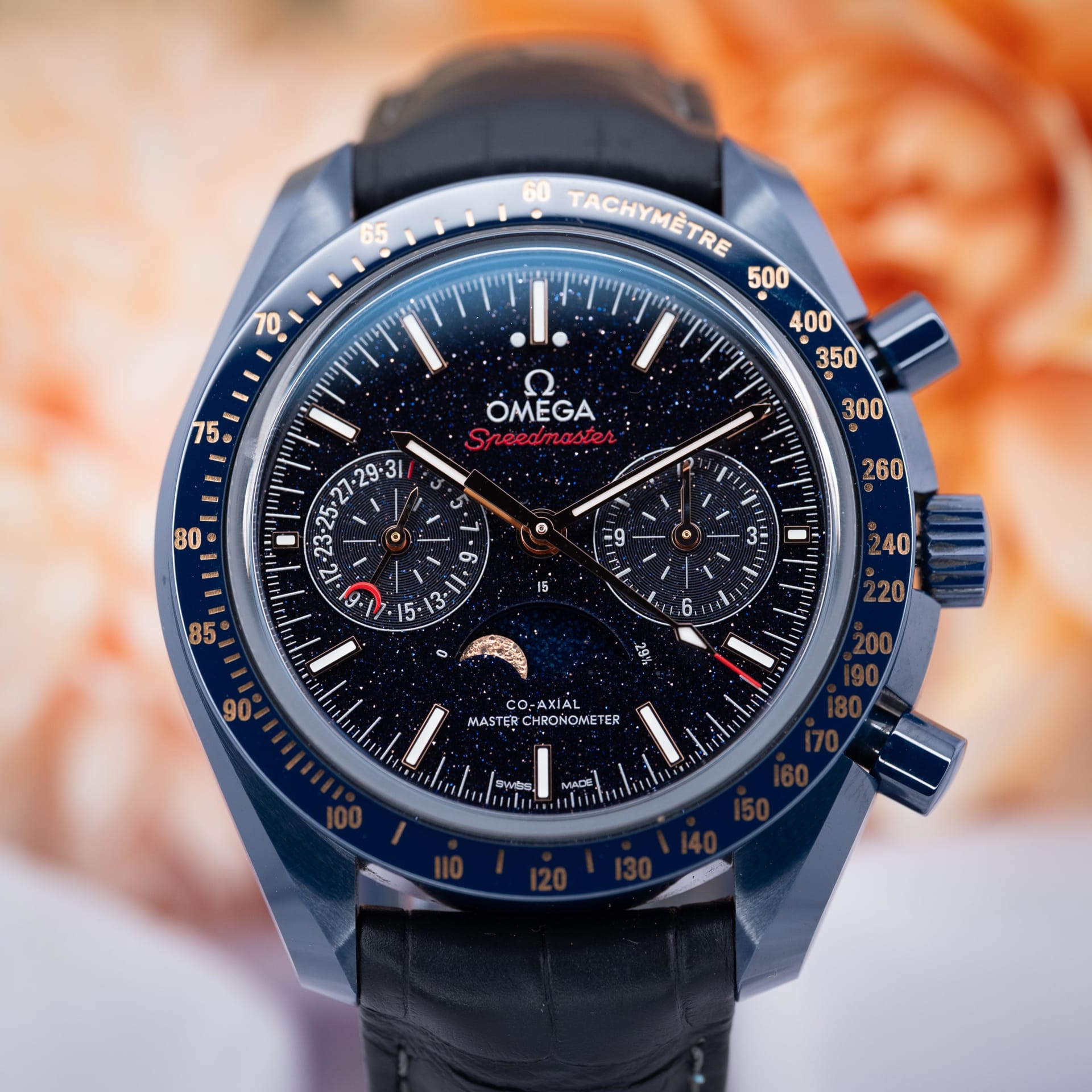 Omega Speedmaster Moonphase Chronograph Master Chronometer Blue