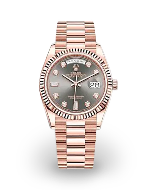 Rolex Day-Date 36 Rose Gold / Fluted / Slate / Baguette Diamond-Set 128235-0050  Model Image