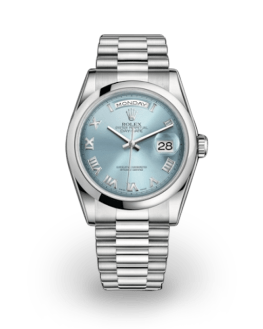 Rolex Day-Date 36 Platinum / Smooth / Ice-Blue / Roman 118206-0035