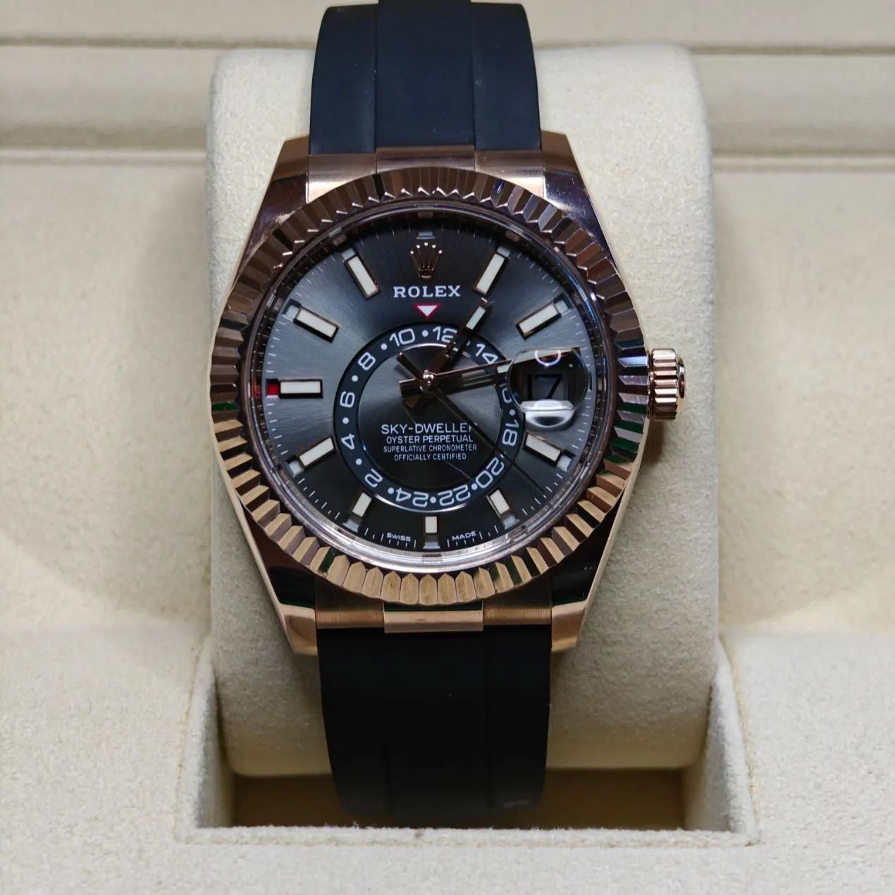 Rolex Sky-Dweller Rose Gold / Fluted / Slate / Oysterflex 336235-0004