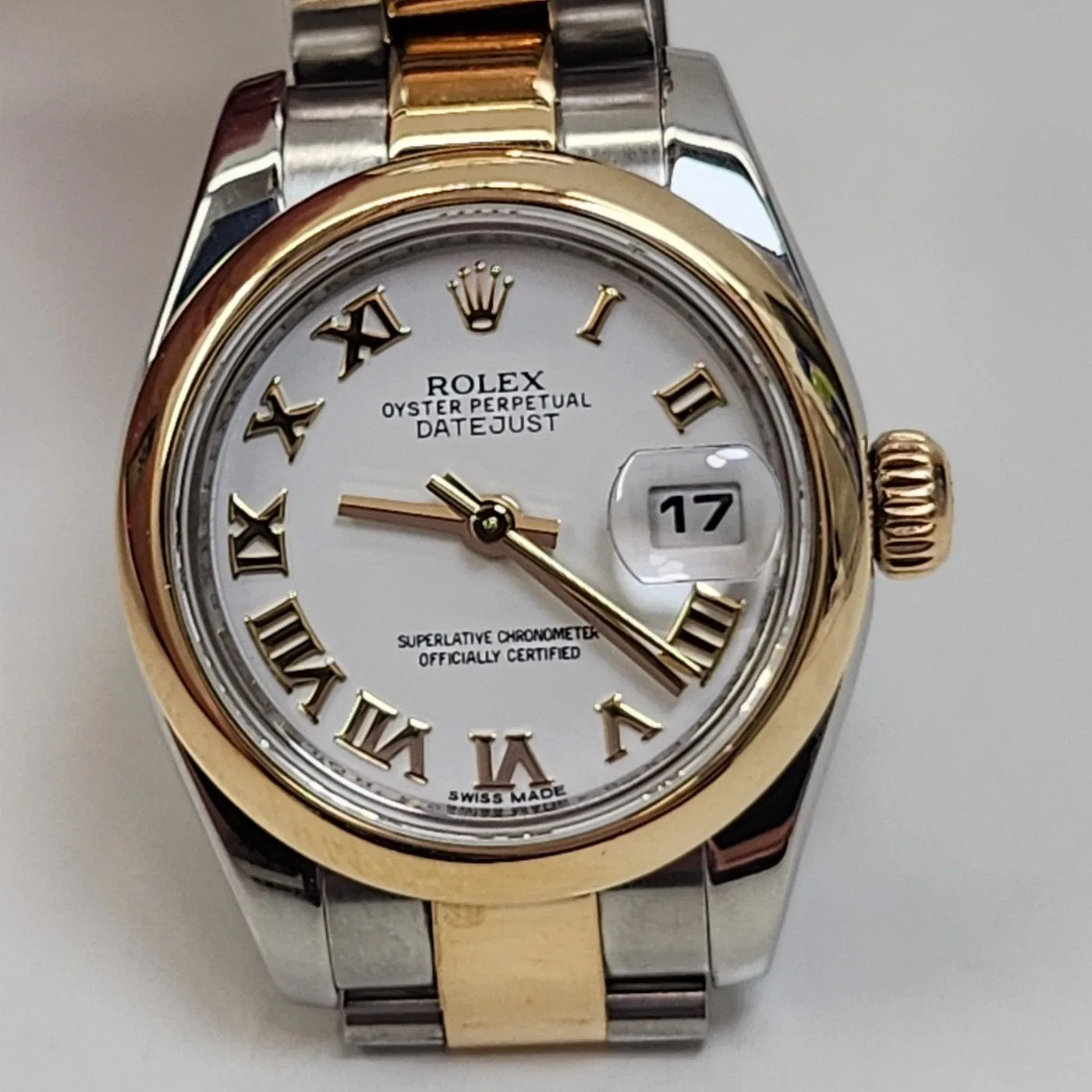 2012 Rolex Lady-Datejust 26 Two-Tone Smooth / White / Roman / Oyster 179163