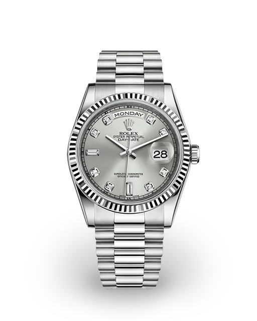 Rolex Day-Date 36 White Gold / Fluted / Silvered / Diamond-Set / President 118239-0086  Model Image