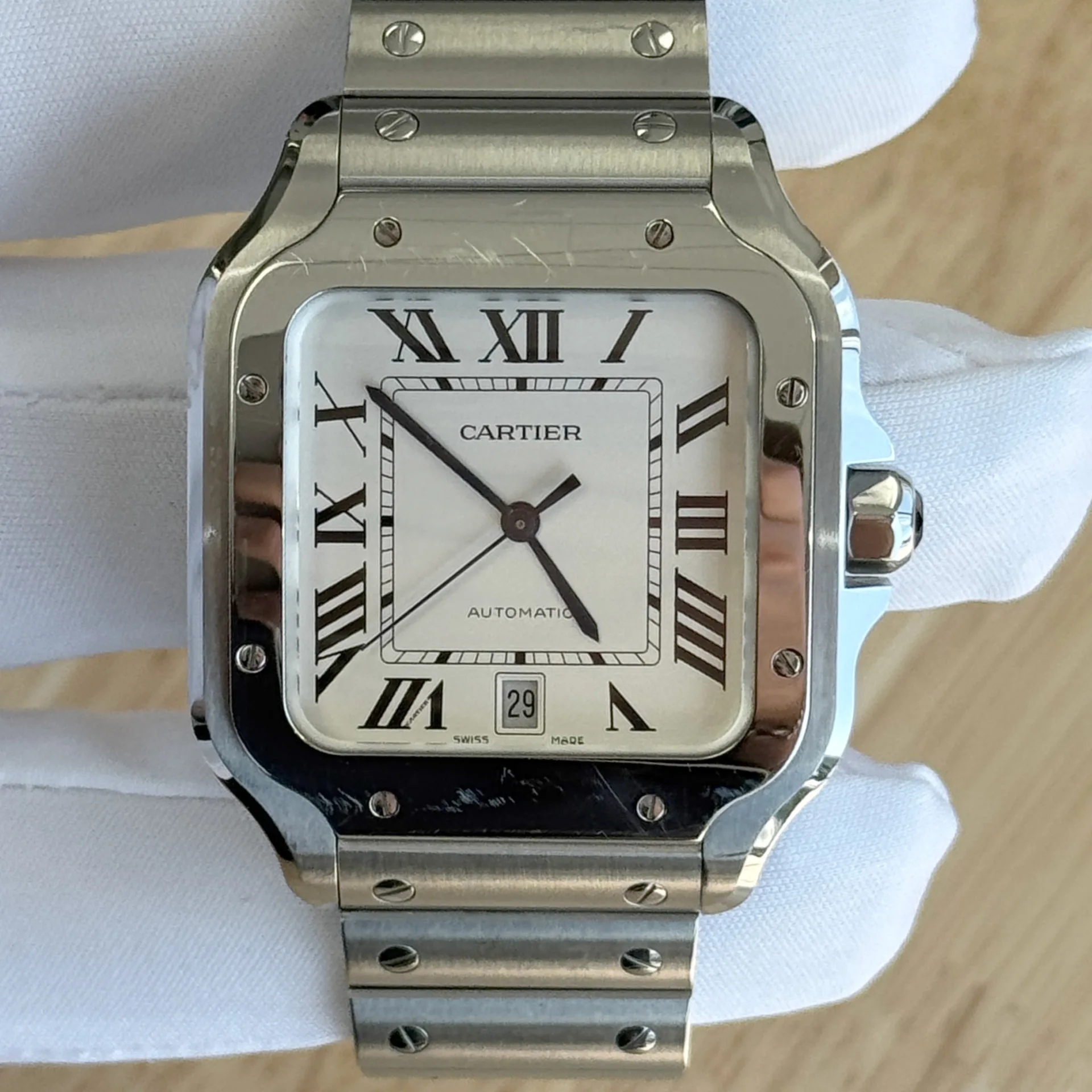 2024 Cartier Santos de Cartier Large Steel / Silvered / Roman / Bracelet WSSA0018