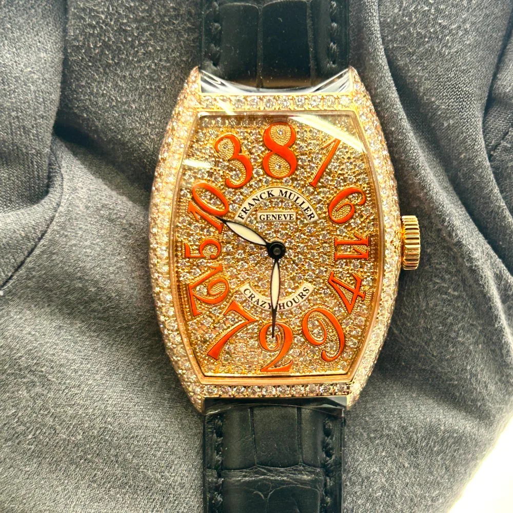 Franck Muller Cintrée Curvex Crazy Hours Rose Gold / Diamond-Set / Diamond-Paved / Orange Arabic / Strap 5850 CH D CD