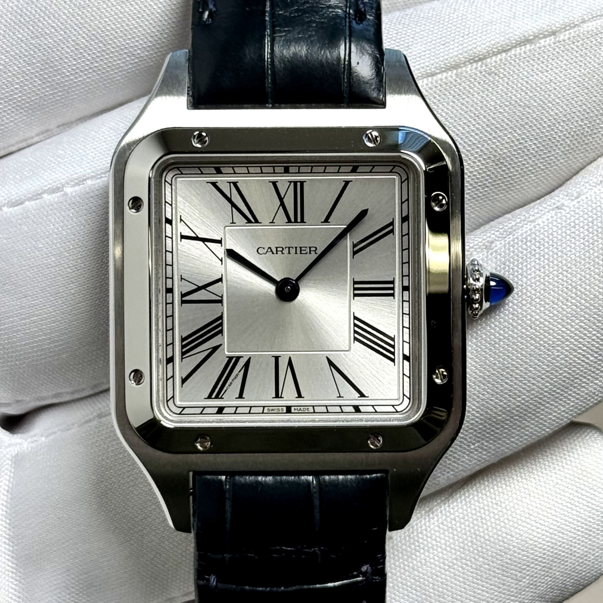 Auction: 2024 Cartier Santos-Dumont Large Steel / Silvered / Roman / Strap  WSSA0022 | Bezel