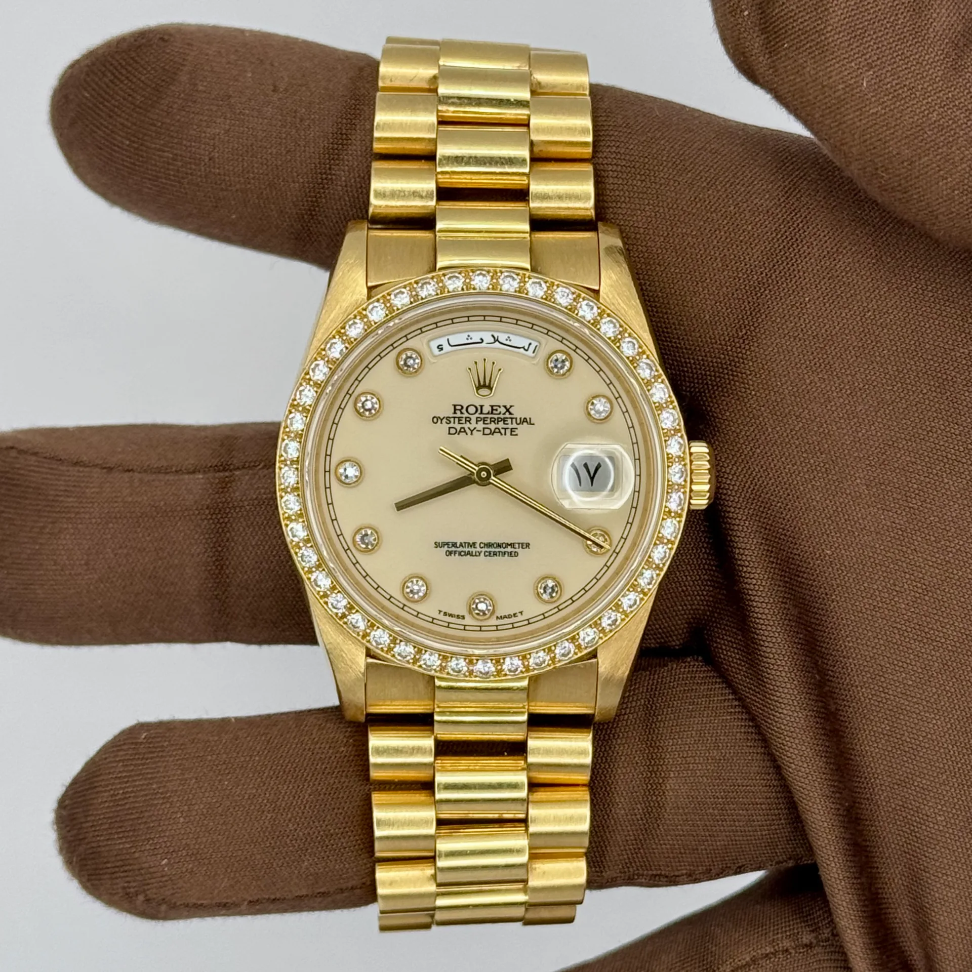 1990 Rolex Day-Date 36 Yellow Gold / Diamond-Set / Cream Lacquer / Diamond-Set / President 18348