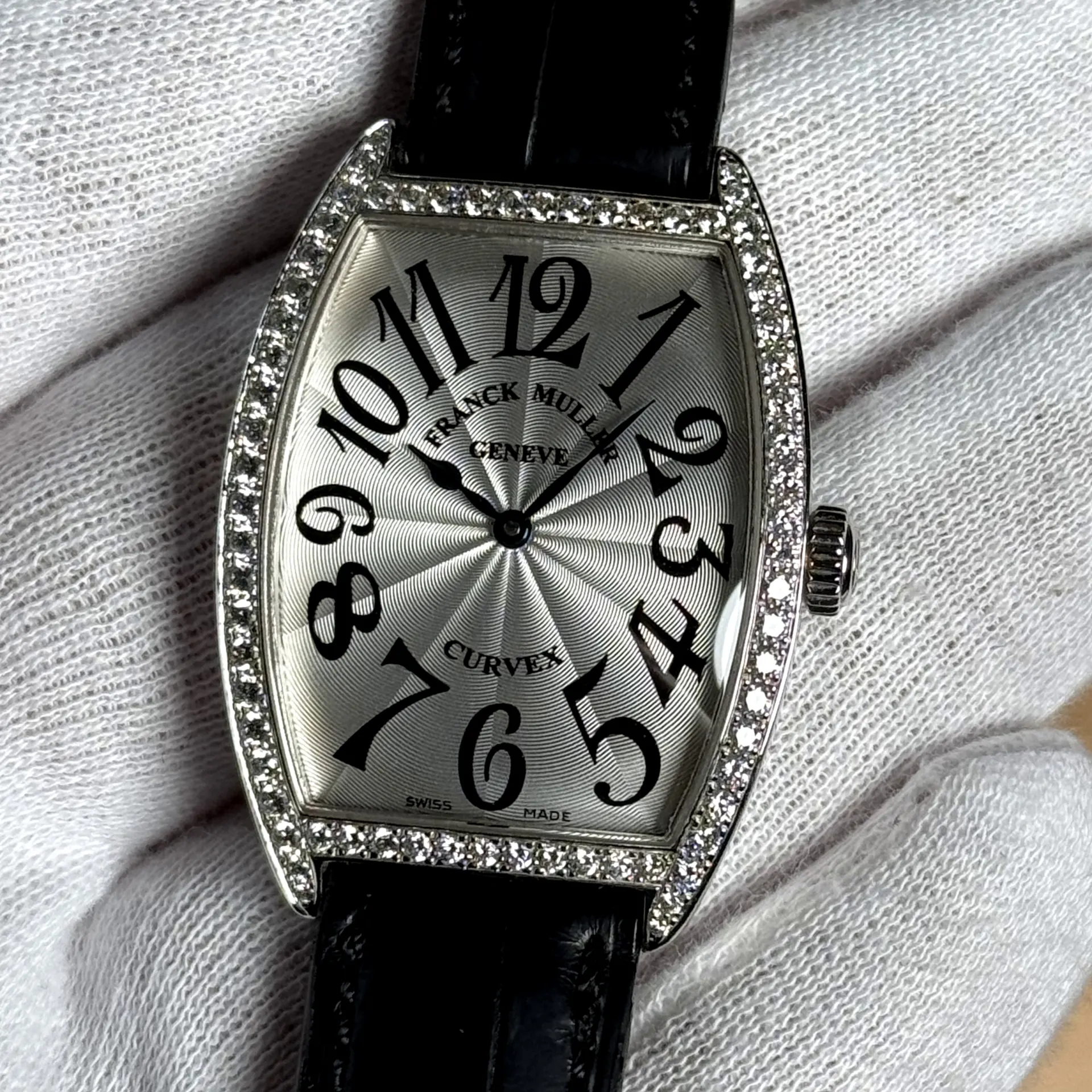 Franck Muller Cintrée Curvex Steel / Diamond-Set / Silvered / Arabic / Strap 2825 QZ DP