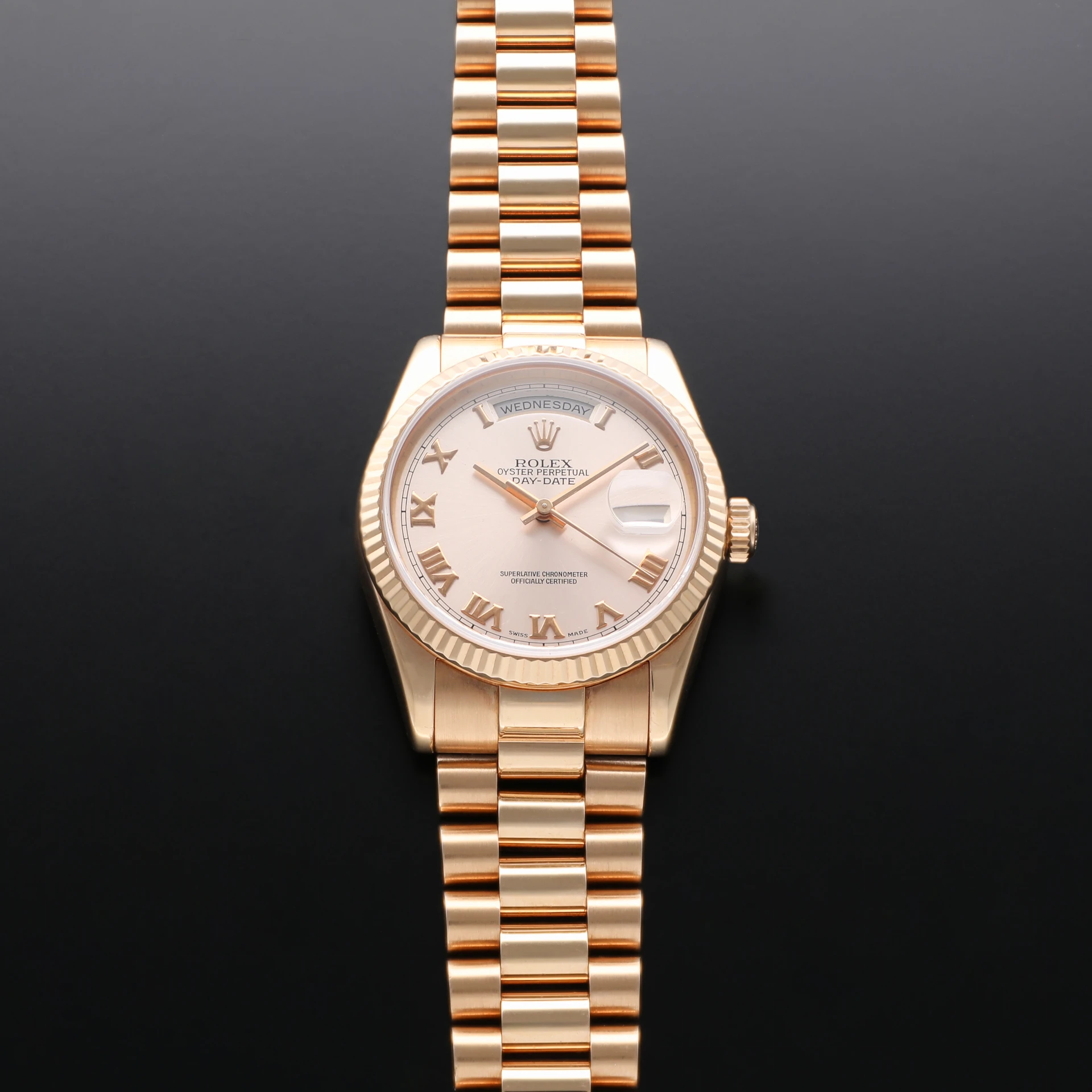 2000 Rolex Day-Date 36 Rose Gold / Fluted / Pink / Roman / President  118235