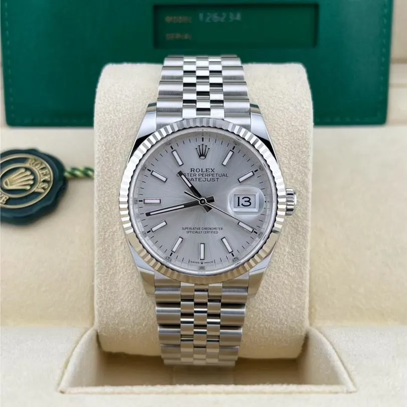 2024 Rolex Datejust 36 Fluted Silver Jubilee 126234 0013 Watch Trading Co. Powered By Bezel