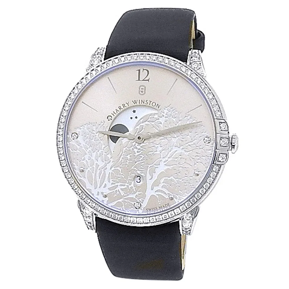 2010 Harry Winston Midnight Moon Phase 39 White Gold / Diamond-Set / Silvered Sunray with engraved tree décor/ Diamond-Set Arabic / Strap MIDQMP39WW001