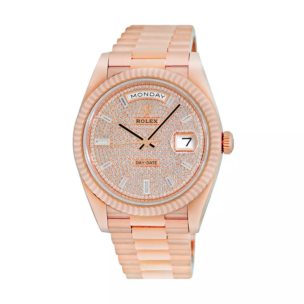Rolex Day-Date 40 Rose Gold Fluted Diamond-Paved Baguette