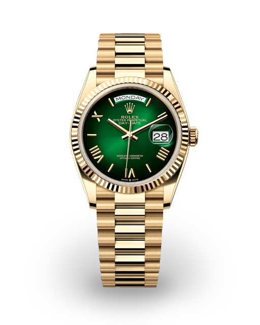 Rolex Day-Date 36 Yellow Gold - Fluted / Green Ombré - Roman / President 128238-0118  Model Image