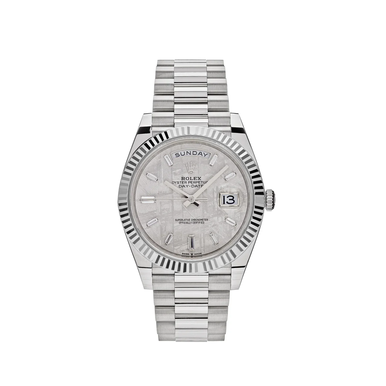 2021 Rolex Day-Date 40 White Gold / Fluted / Meteorite / Baguette Diamond-Set / President 228239-0055 Listing Image 1