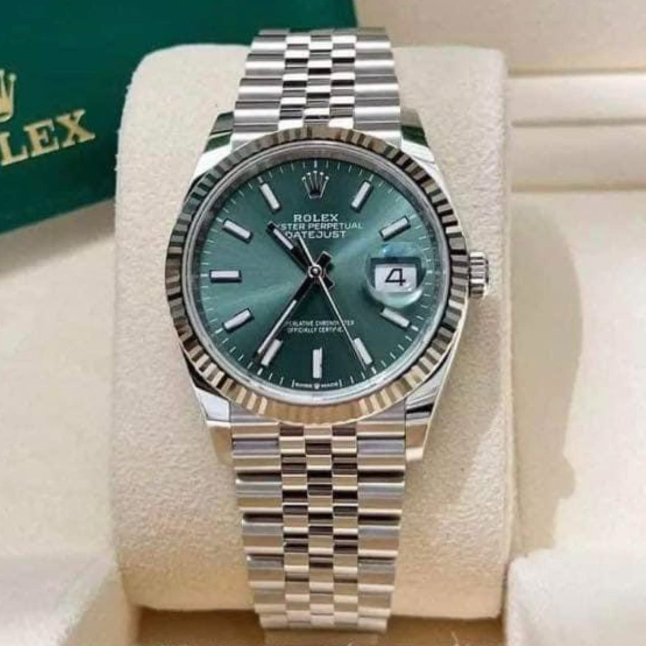 Rolex, Datejust 36, Oystersteel and 18K White Gold, 36mm, Green Mint Dial, Fluted, Jubilee, Ref#126234-0051