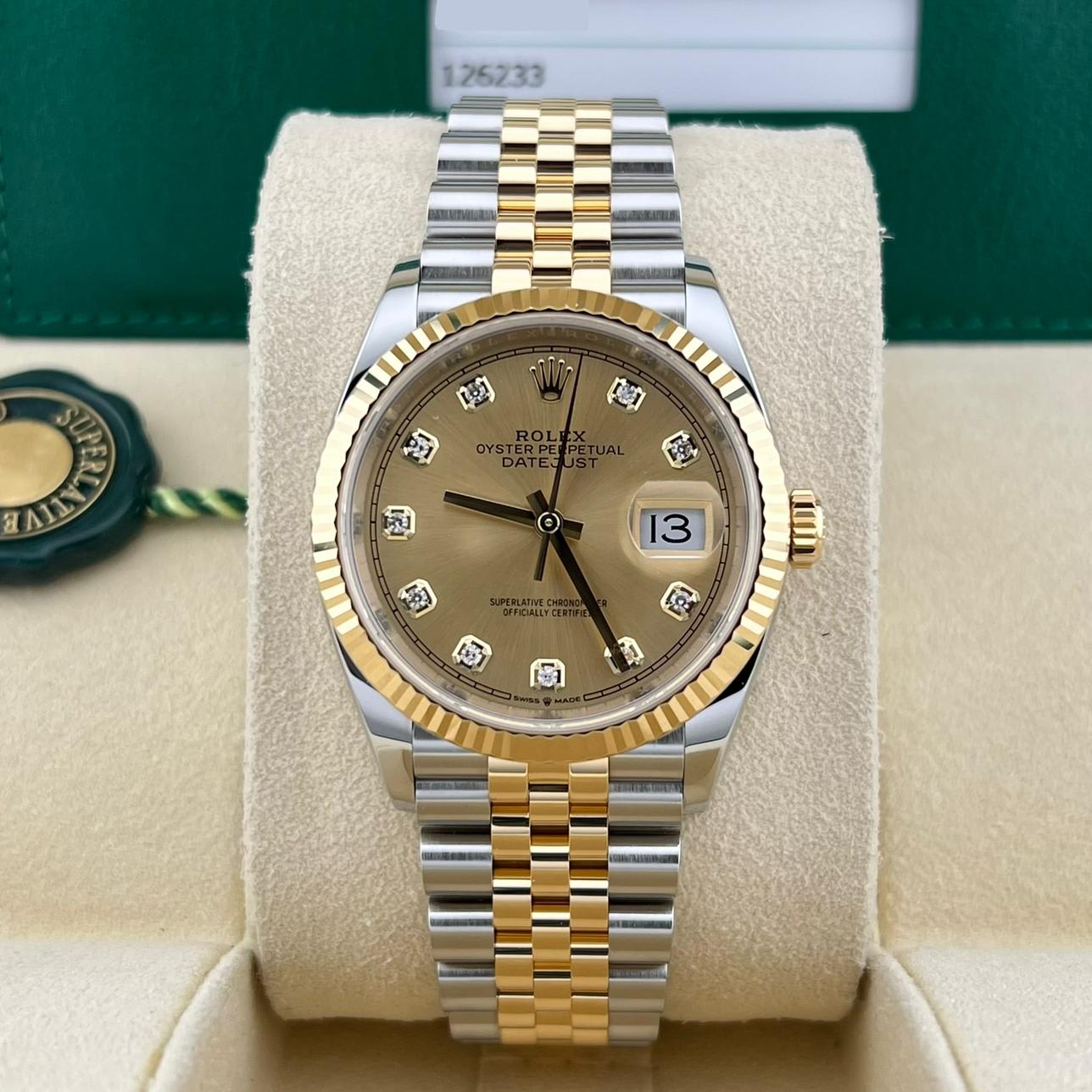 2018 Rolex Datejust 36 Two Tone Fluted Champagne Diamond Set Jubilee 126233 0017 Watch Trading Co. Powered By Bezel