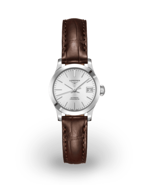 Longines record 26mm stainless steel silver alligator l2 320 4 72 2