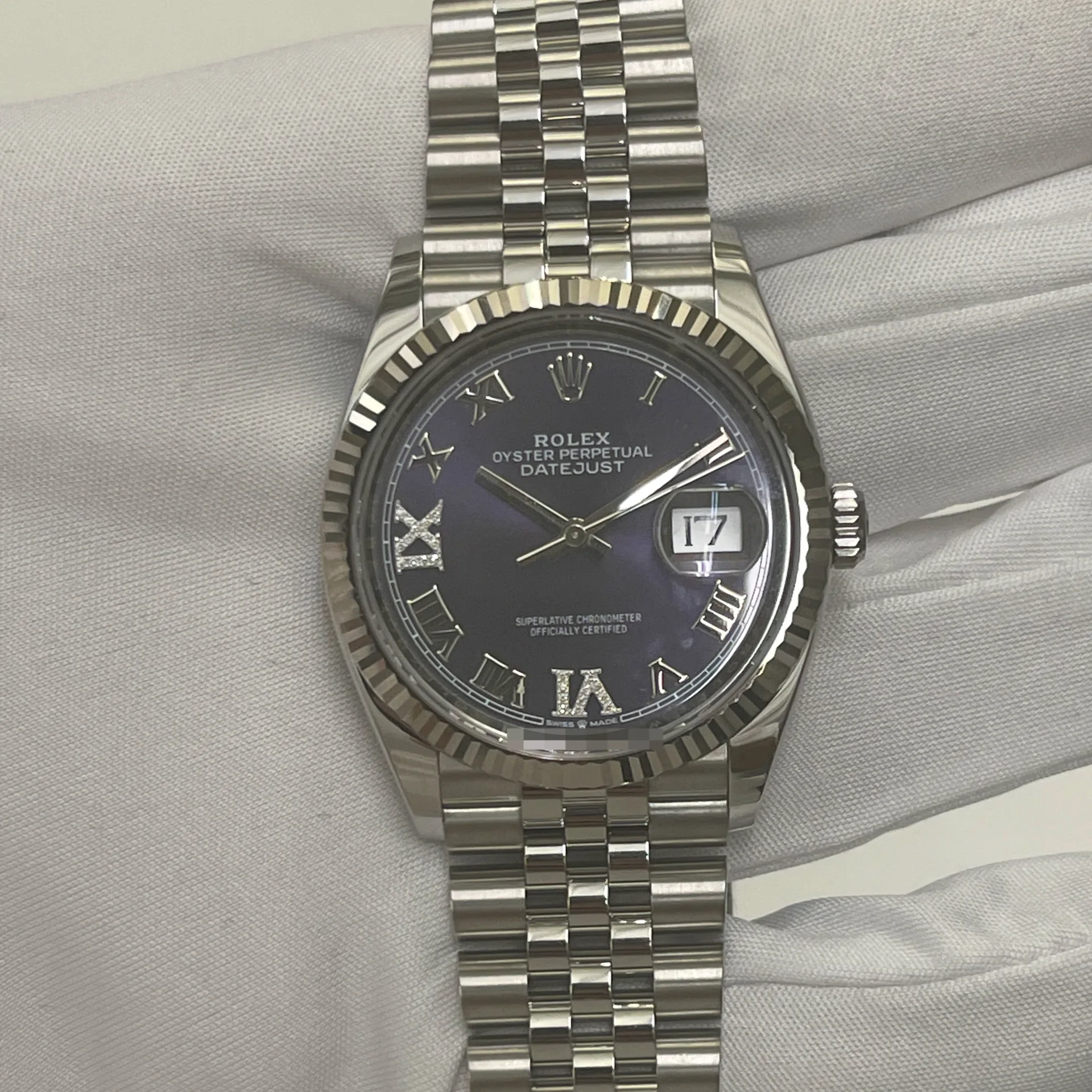 2025 Rolex Datejust 36 Fluted / Aubergine / Diamond-Set Roman / Jubilee 126234-0021