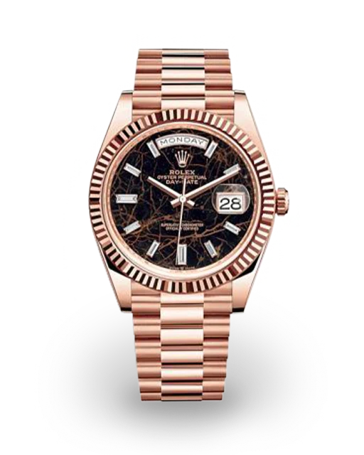 Rolex Day-Date 40 Rose Gold / Fluted / Eisenkiesel / Baguette Diamond-Set 228235-0045  Model Image