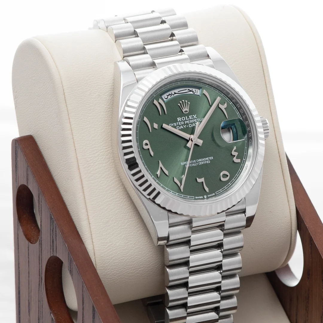 2025 Rolex Day-Date 40 Platinum "Arabic Script" / Fluted / Olive-Green 228236