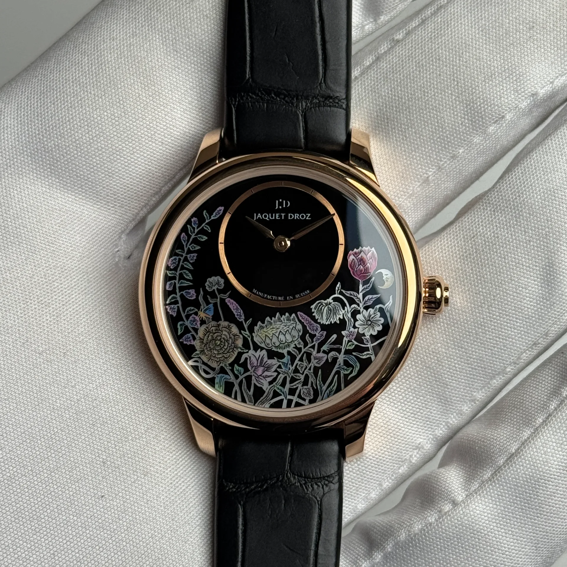 2023 Jaquet Droz Petite Heure Minute Thousand Year Lights 35 Rose Gold / Black dial with enamel painted flowers / Strap - Limited to 28 Pieces J005003219